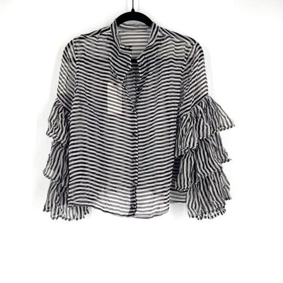 NWT GM Studio Women's Silk Striped Ruffle Sleeve Blouse Black White Size XS - Picture 1 of 12